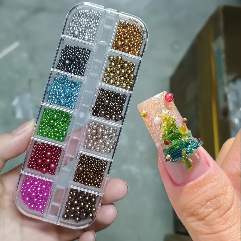 12 Grids Gemengde Grootte Kleurrijke Ronde Parel Bal Nagel Charmes Kawaii Goud & Groen & Rood Nagel Accessoires voor Kerst DIY manicure Decor