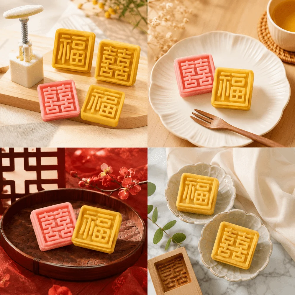 Blessed Hand Press Moon Cake Mold Square Shape 1 Mold And 2 Stamps Cookie Press Mold Pastry Mold for Kitchen Use