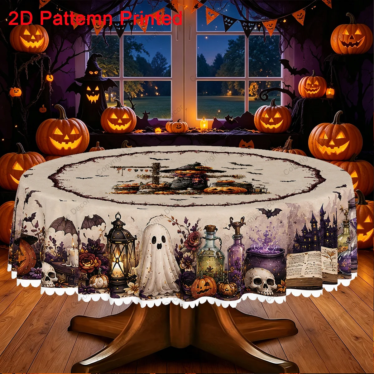 1 piece, Halloween-themed tablecloth, ancient spell book, hourglass jack-o-lantern, skull candle pattern tablecloth