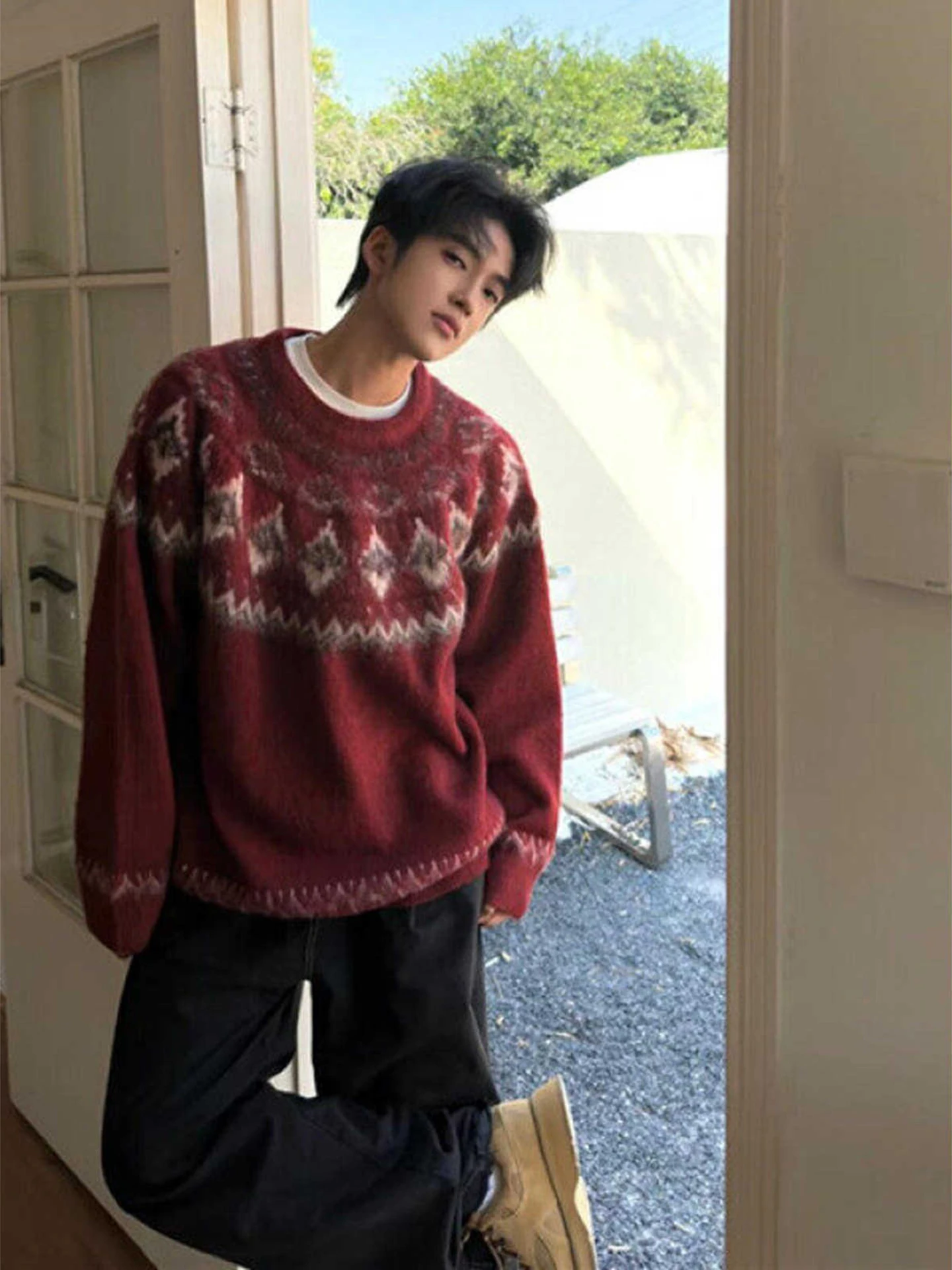 

Red Cisas Motif Knitted Sweater Men's Winter Cozy Lazy Sle round Ne Casual Outerwear Trendy Felted Wool Blend