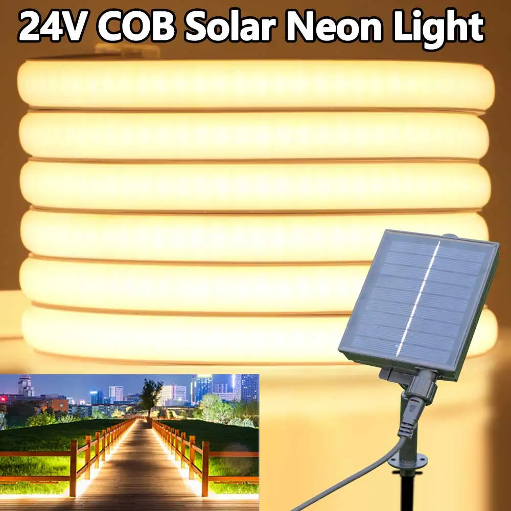 DC 24V COB Solar Neon Light Strips Elastyczne światła Wodoodporne IP67 Ciepła biel 1m 2m 3m 4m 5m Taśma LED do dekoracji ogrodu