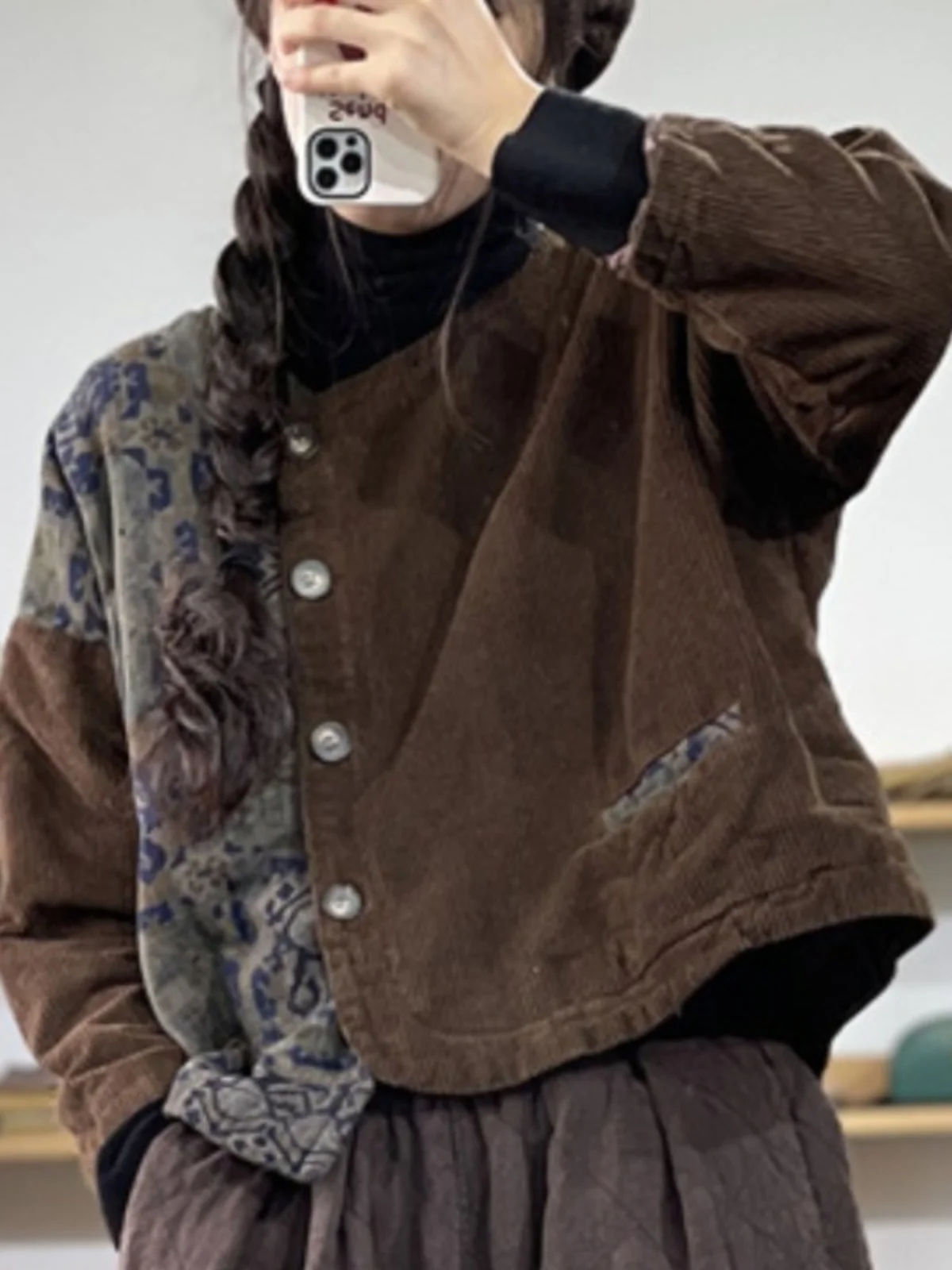 

Retro Patchwork Corduroy Jaet Women Loose Print Asymmetrical ort Cotton Clothes Brand Tailored Goods round Ne Button up
