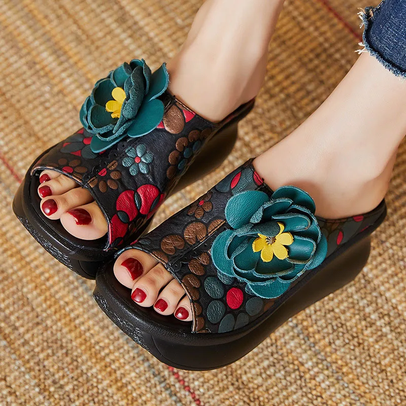 XMWRLW Summer Genuine Leather Slippers Women Retro Style Shoes High Heels 7cm Ladies Platform Slippers Summer Shoe Women Slipper