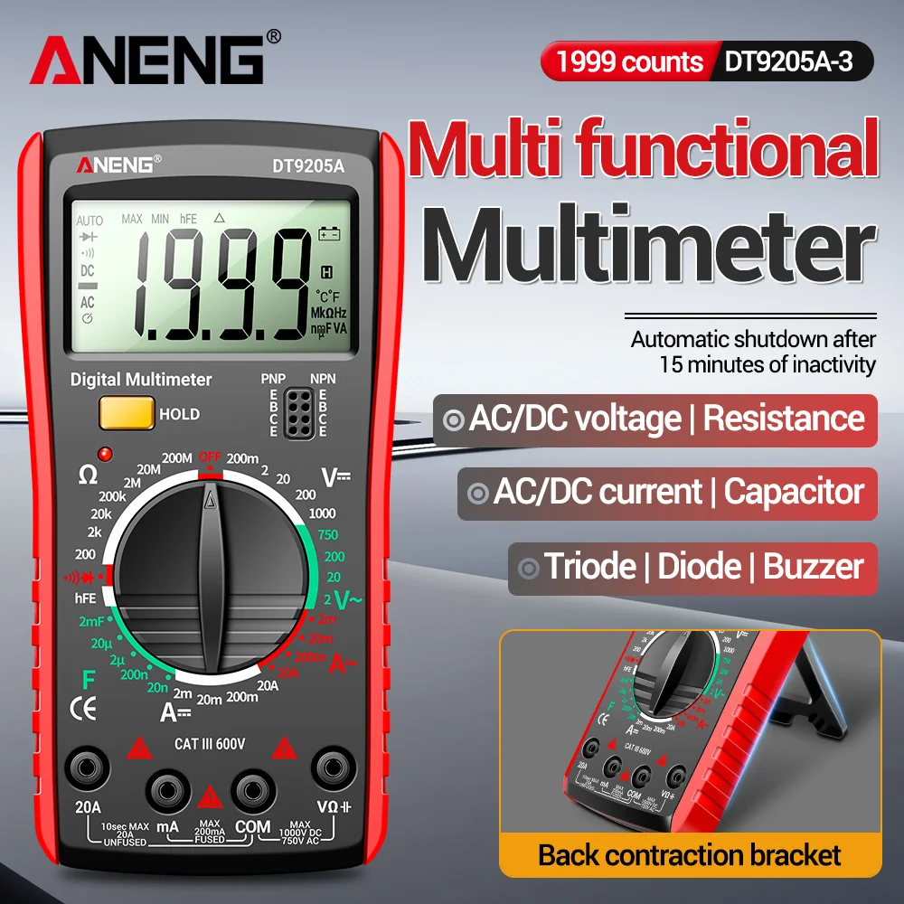 Multifunktionales Digital-Multimeter True RMS Professioneller AC/DC-Stromtester HFE Ohm Kapazitäts- und Spannungsmessgerät ANENG DT9205A-3