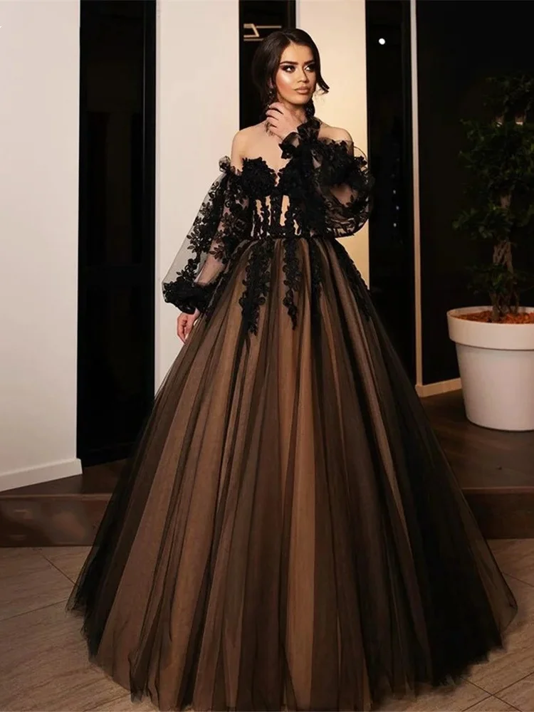Modna damska suknia wieczorowa o linii A czarna koronkowa suknia balowa z ramienia puszysta sukienka 2024