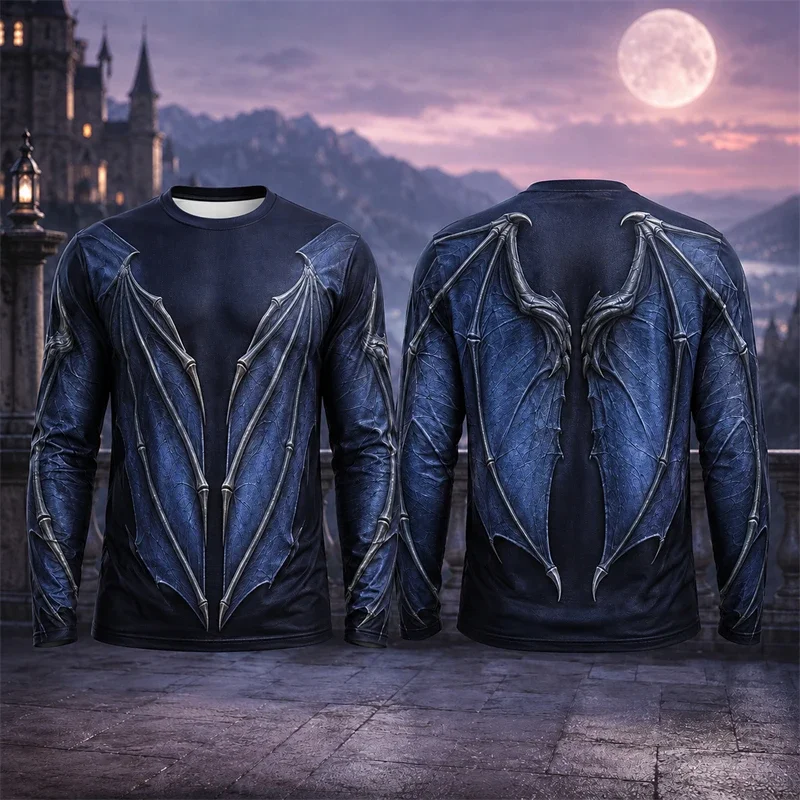Men's 3D Double-sided Print Demon Dragon Wings Long Sleeve T-Shirt Dark Gothic Halloween Cosplay Casual Novelty Streetwear Tops