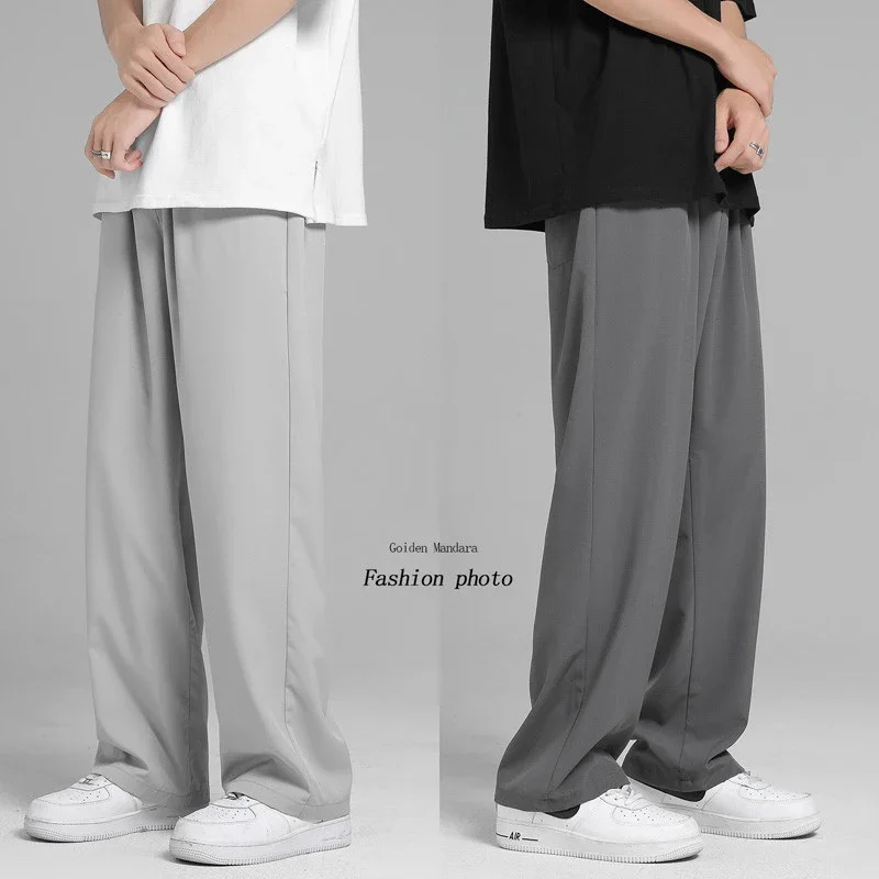 Men Patched Slant Pocket Drawstring Pants Spring Casual Loose Straight Trousers Solid Color Vintage Fashion Long Harem Pant