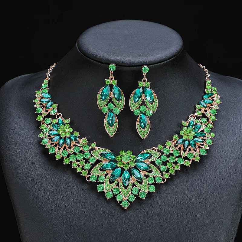 KMVEXO Exquisite Leaves Green Crystal Jewelry Sets For Women Wedding Party Jewelry Accessories Stud Earrings & Necklace Set Gift