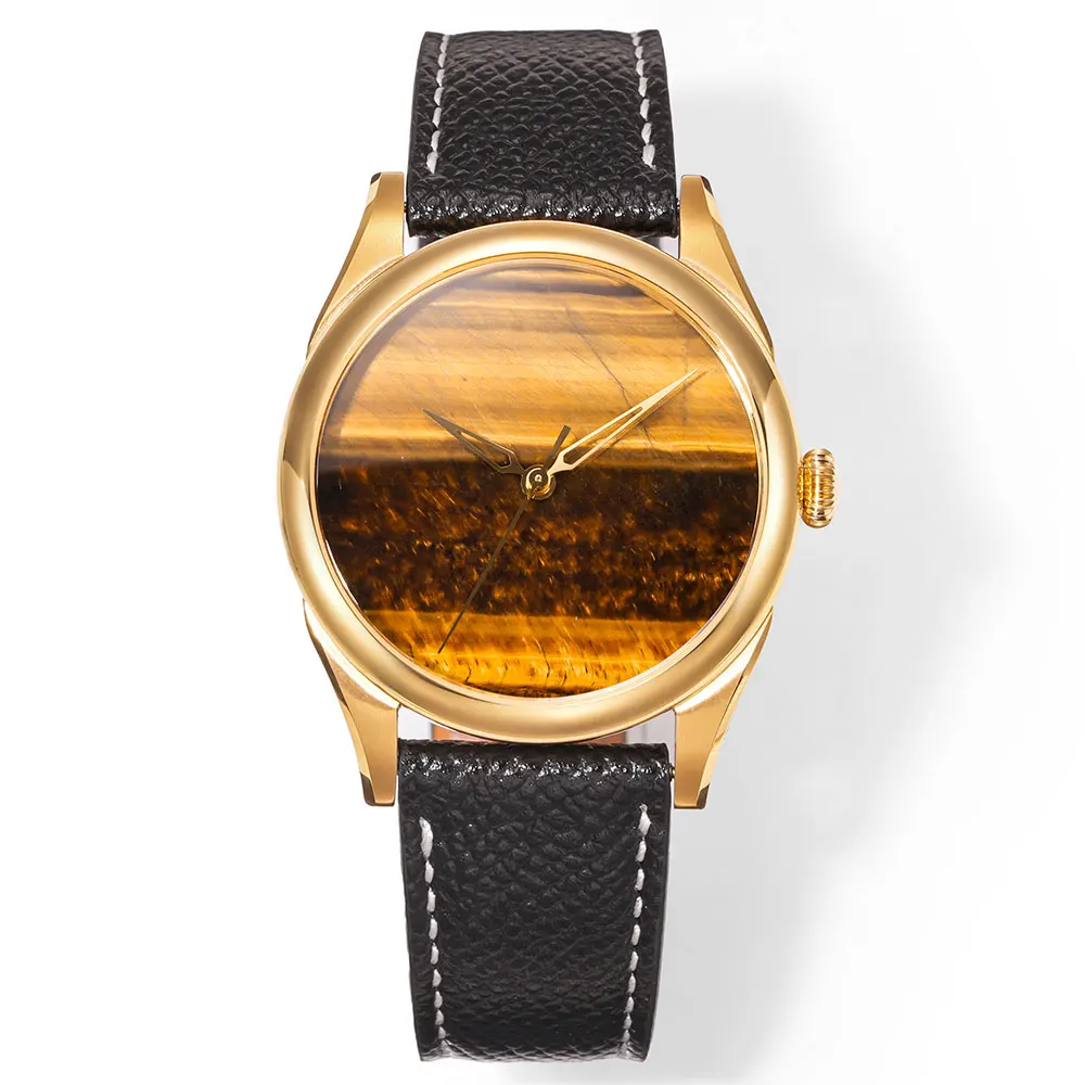 HUASUO 38mm Retro Fashion Dress Watches For Men Yellow Tiger Eye Stone Gemstone Wristwatch Waterproof 50m Automatic Mechanical