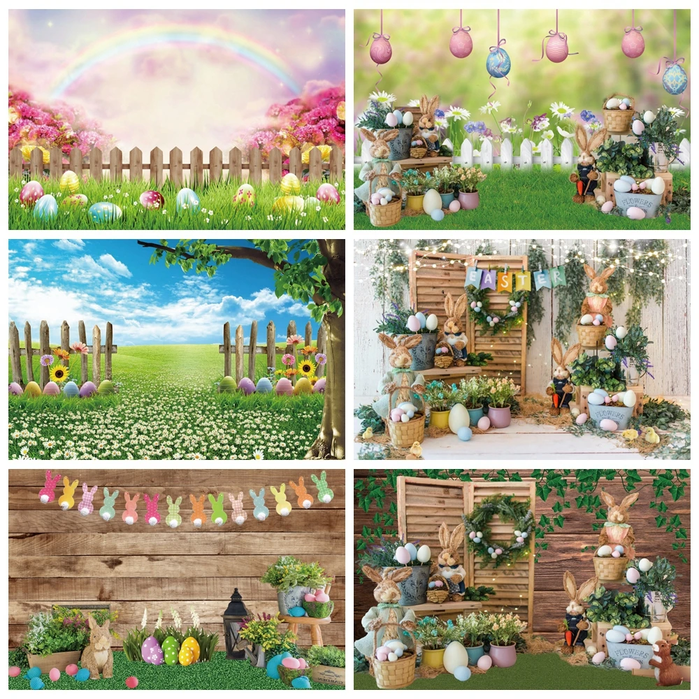 

Spring Easter Background For Photography Green Grass Blue Sky Sunflower Eggs Tree Park Newborn Portrait Photo Backdrop Photocall