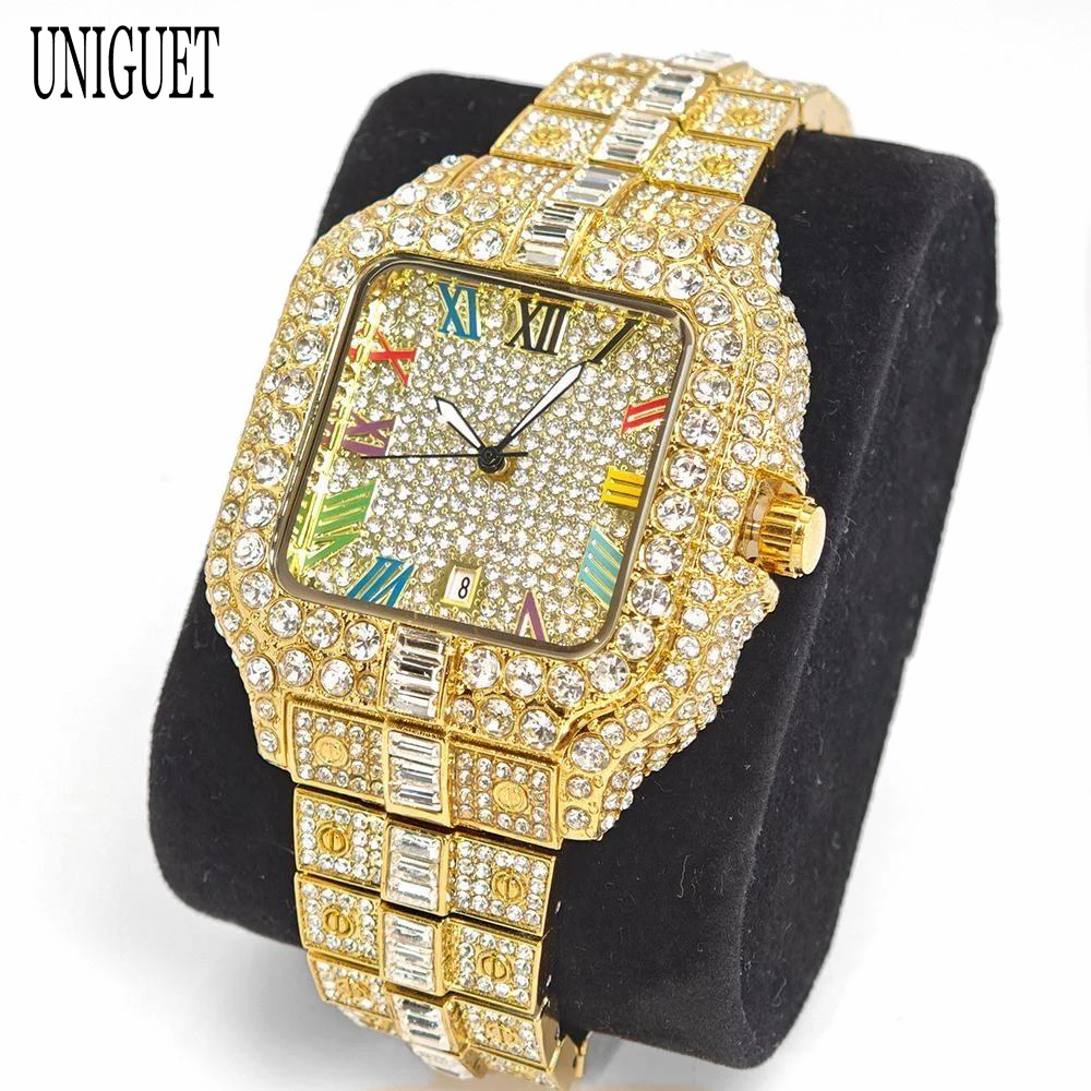 New Luxury UNIGUET Men\'s Fashion Diamond Watch Hip Hop Iced Bling Color Jewelry Square Quartz Wristwatches Stylish Men Accessory