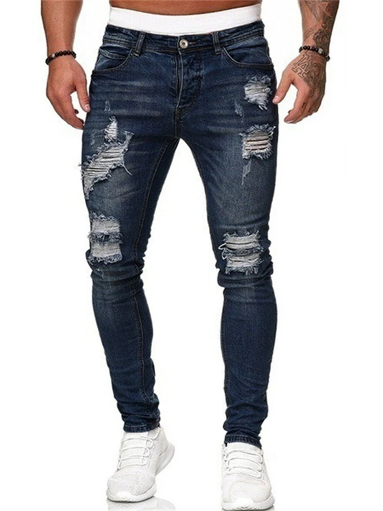 Fashion American Men Summer Patchwork Denim Pants Ankle-Length Slim Fit Casual Distressed Jeans Ripped Cropped Skinny Trouser