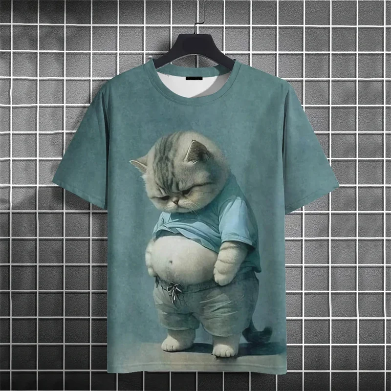 3D Printed Fat Cat T-Shirt For Men Funny Animal Graphic Short Sleeve Tees Summer Street Casual Oversized Tops O-Neck T Shirts