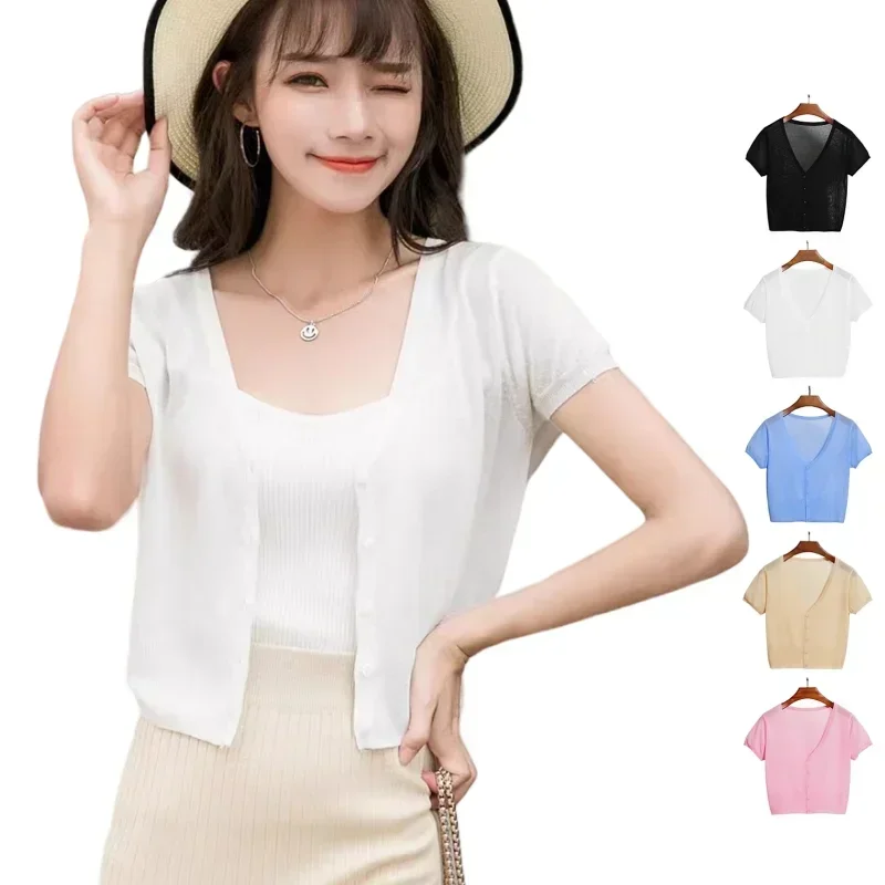 Short Sleeve Knitted Women Sweater Crop Top V Neck Single Breasted Sweater Female Loose Thin Clothes Summer Pull Femme