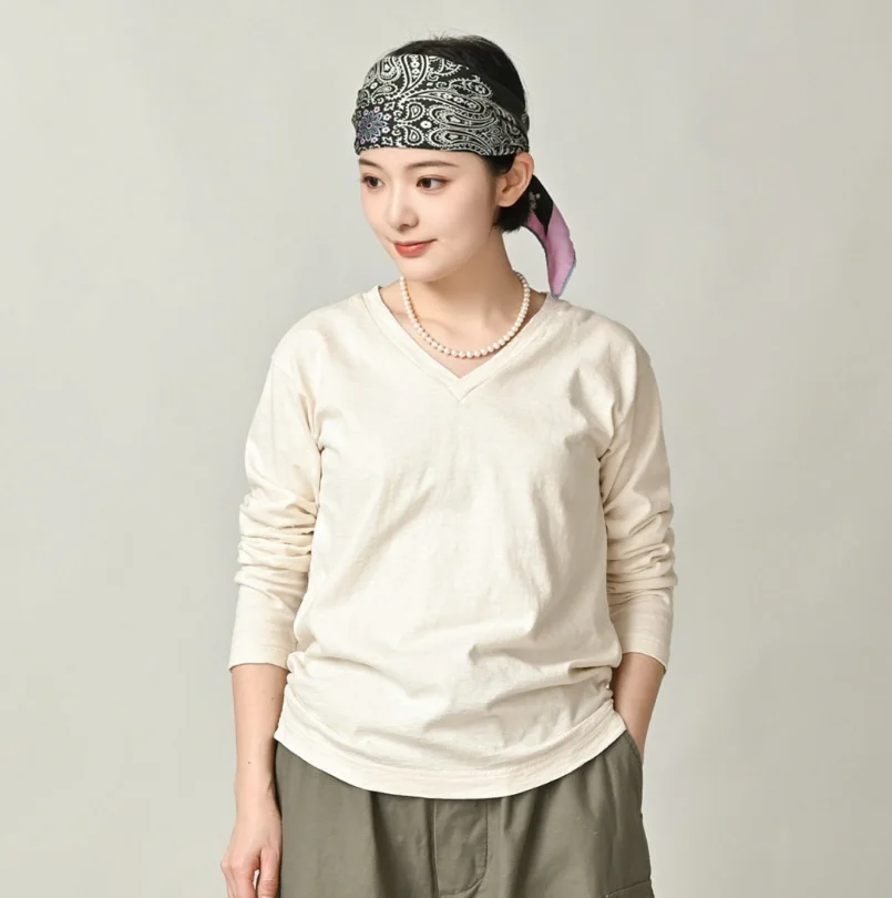 

Японская женская футболка с длинным рукавом из бамбукового хлопка, V-образный вырез, удобная, модная, стройнящая, антивозрастная, свободного кроя