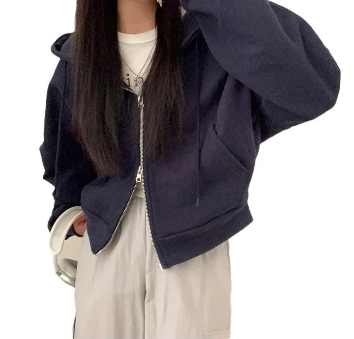 Autumn Lazy Style Casual Hooded Personality Double Zipper Fleece Thick Hoodie Jacket for Women