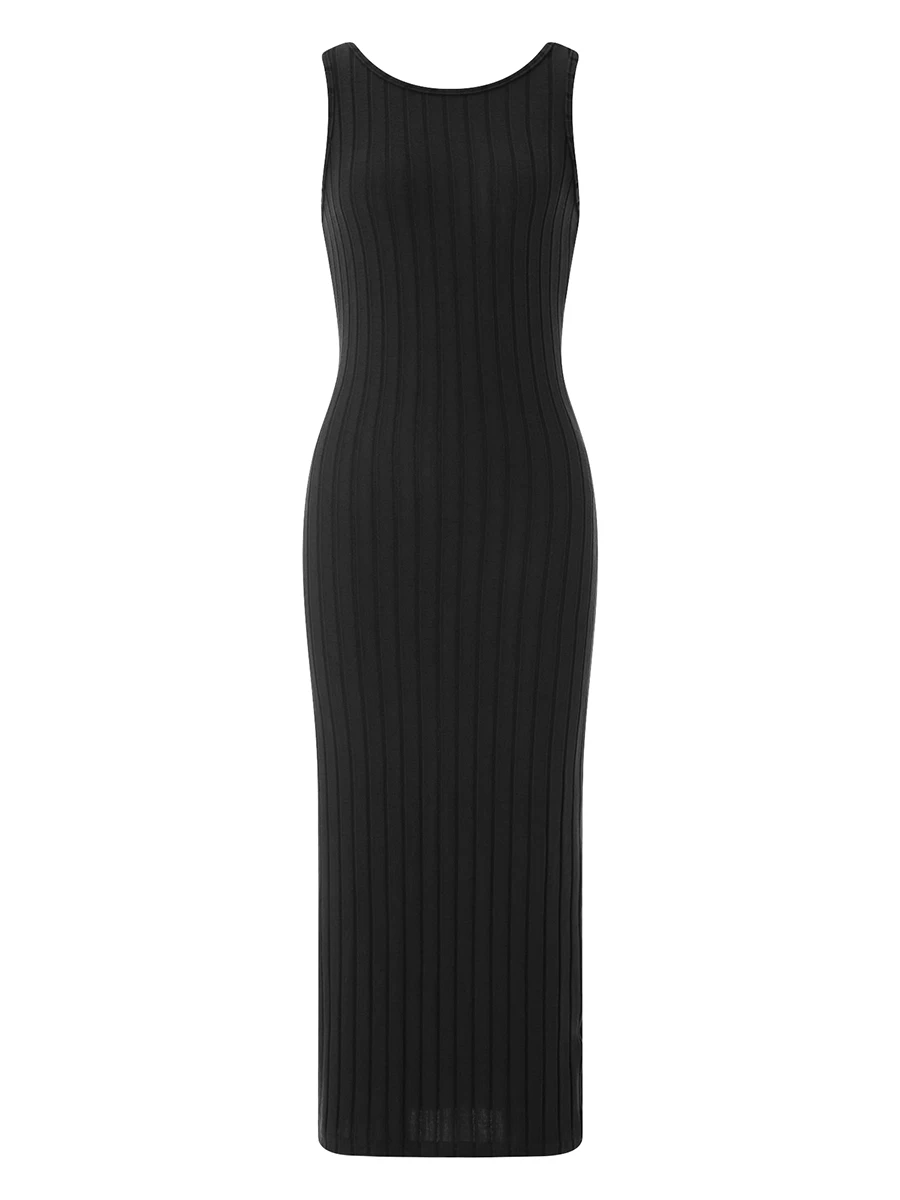 FOMOYUU Ribbed Knit Long Bodycon Sling Dress Sleeveless High-Neck Maxi Dress Party Side Slit Long Dress for Wome