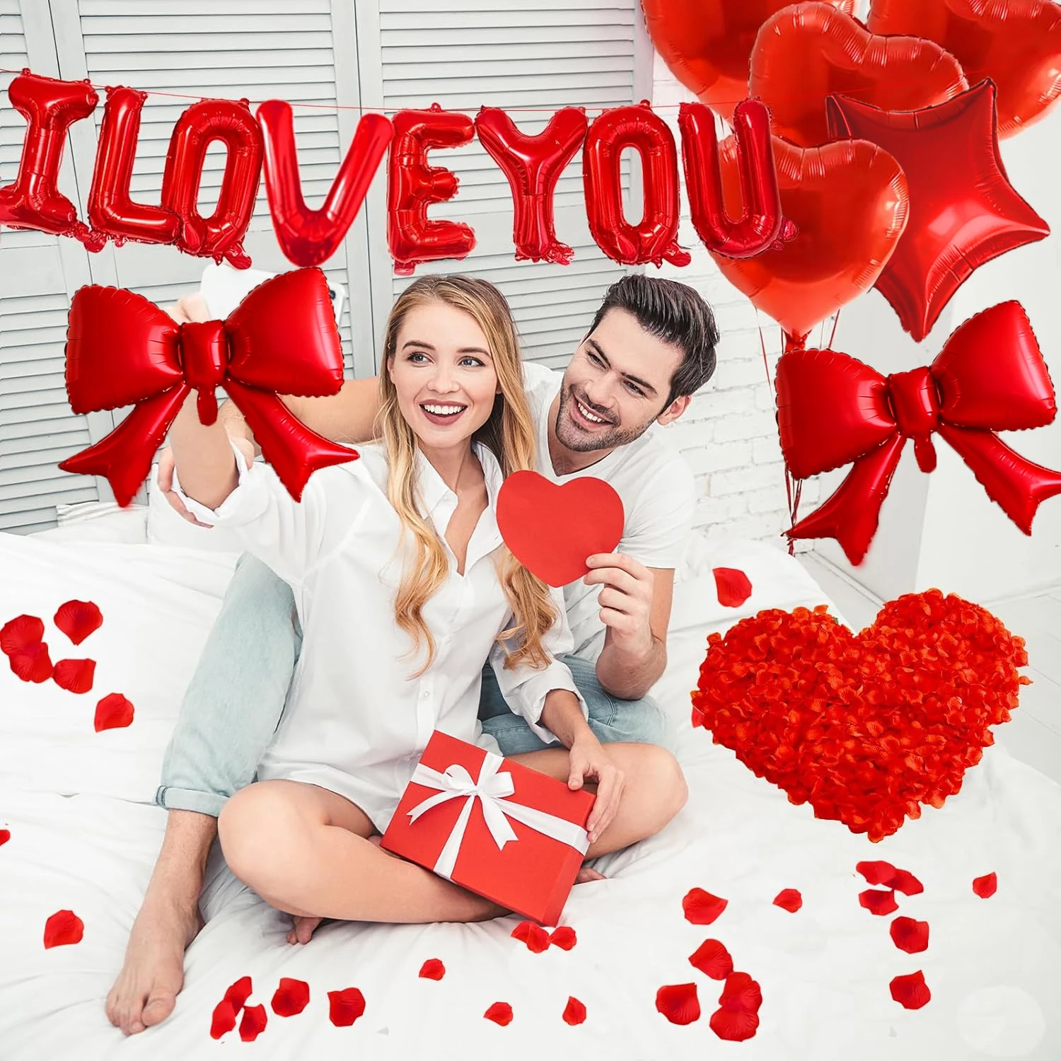 57 Pcs I LOVE YOU Balloon Set with Red Bow Star Aluminum Balloon Valentine's Day Wedding Anniversary Birthday Party Decoration