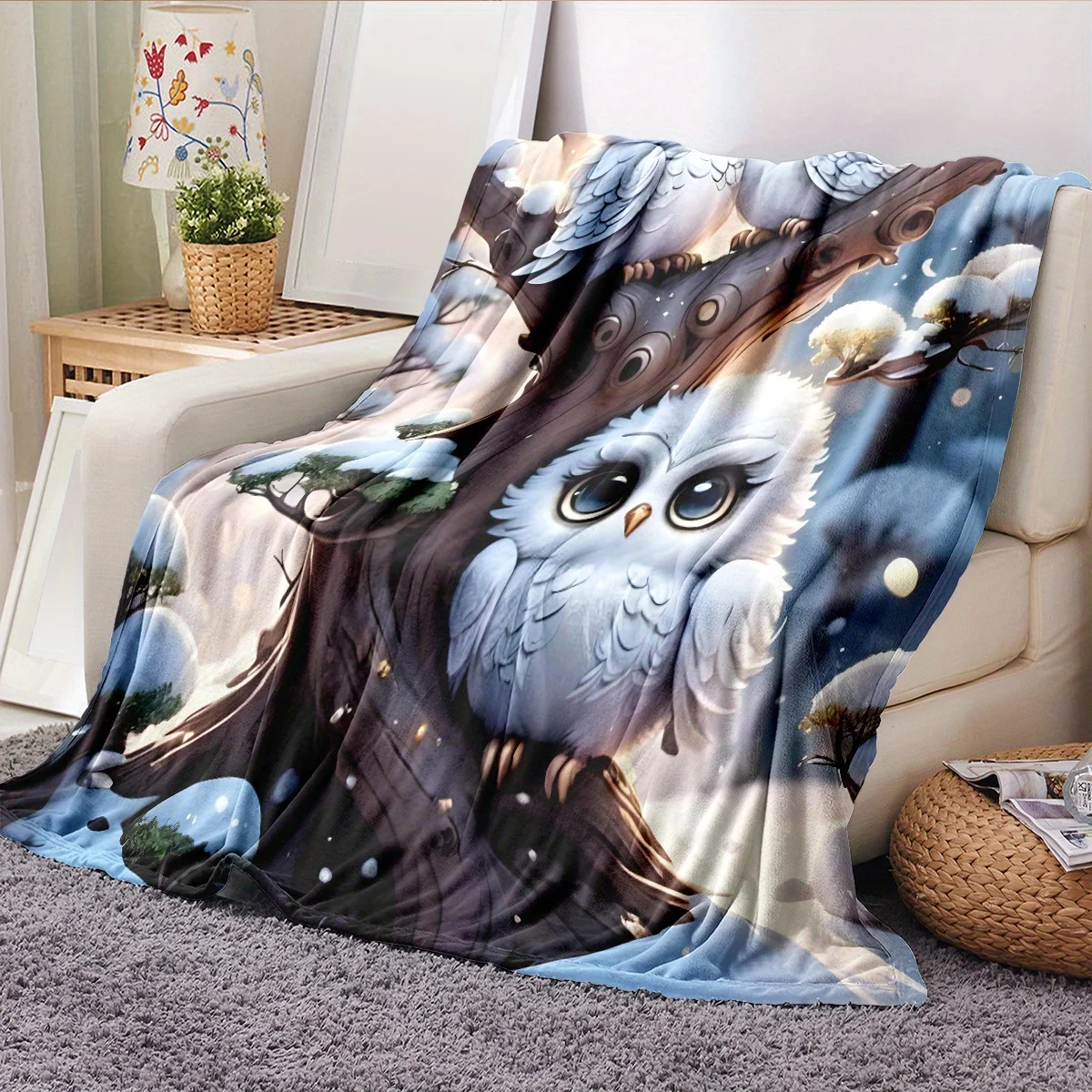 Soft Flannel Blanket with Owl Design - Personalized, Suitable for Sofa, Bedroom, Gift, HD Print, Flannel Sheet, Wrap, Super Soft