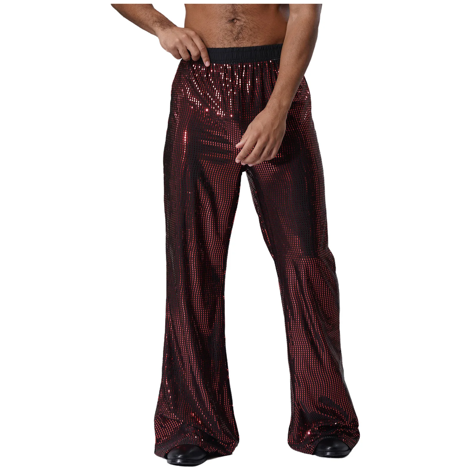 Men Glitter Sequin Flared Pants 70s Disco Costume Elastic Waist Bell Bottom Long Pants Trousers for Club Jazz Rock Music Party