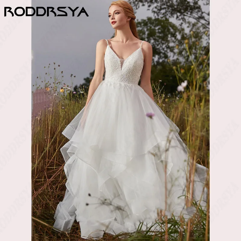 RODDRSYA Luxury Lace V-Neck Wedding Dresses Tiered Tulle Elegant A-line brautkleider glitzer Gorgeous Spaghetti Straps 2024