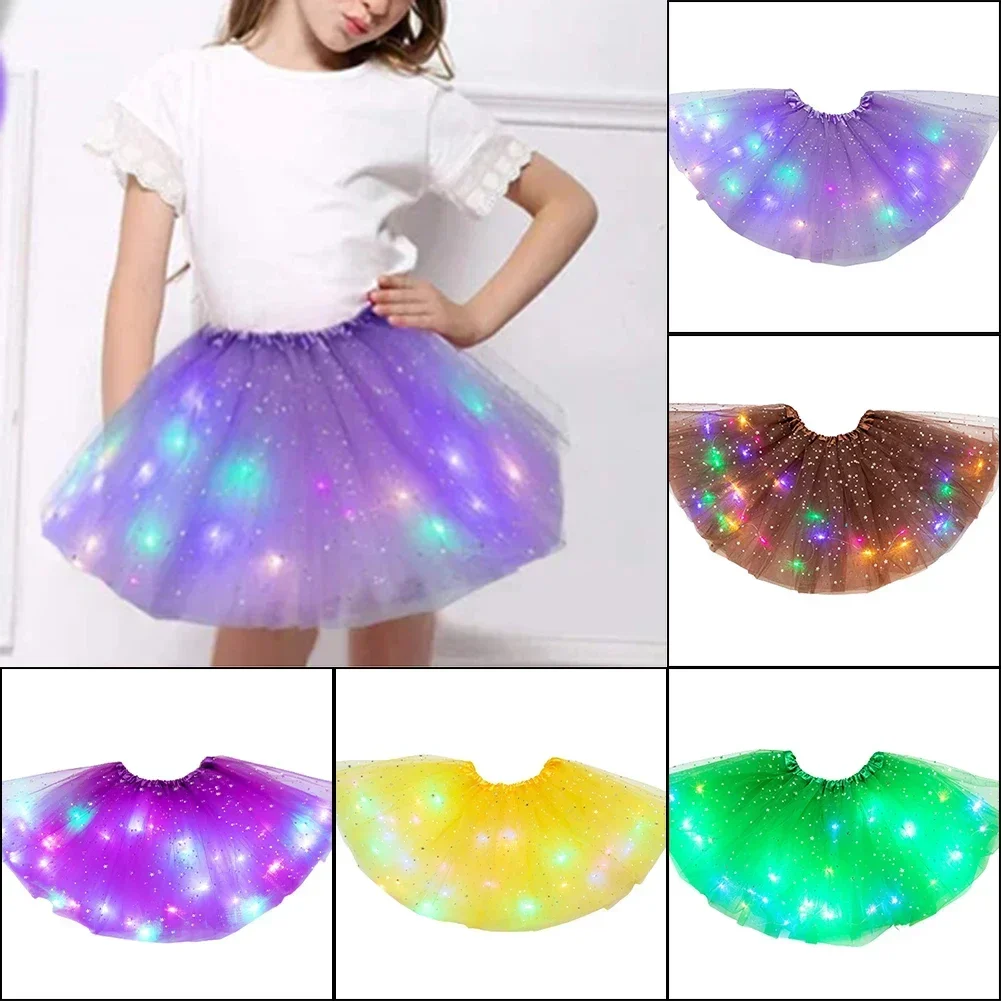 Luminous LED Fluffy Skirt Girls Layered Ballet Dance Pleated Skirt Tulle Light Up Short Dress for Birthday Party Wearing Costume