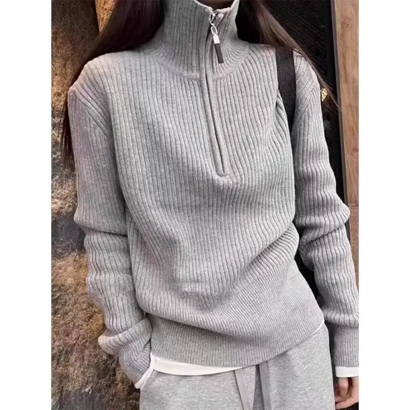 Gray High Collar Half Zip Sweater Women's Base Layer Shirt 2026 New Autumn Winter Inner Knitted Top Design Sense