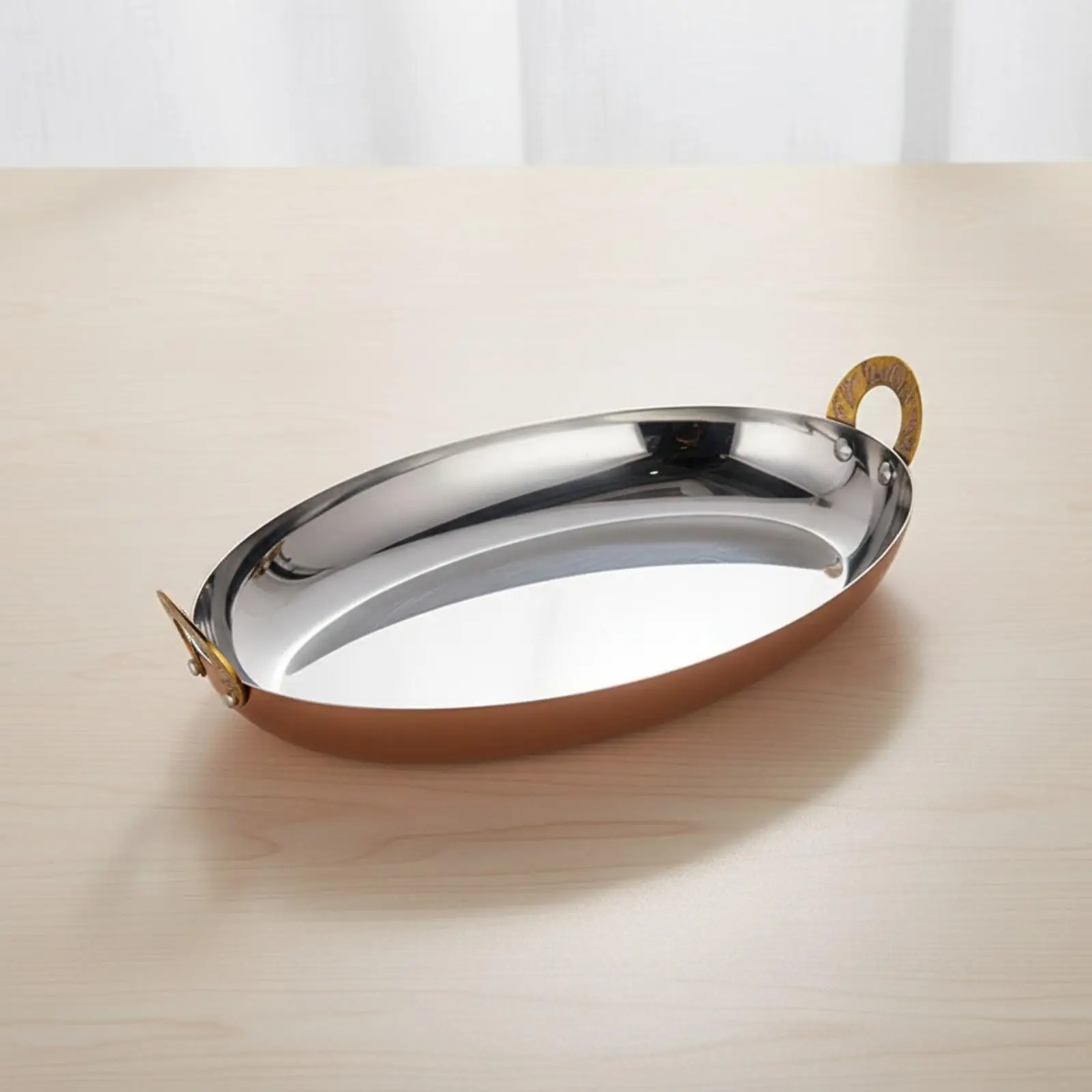 Polished Stainless Steel Oval Seafood Plate with Gold Accent Loops for Serving Pasta Chicken at Dinner Parties