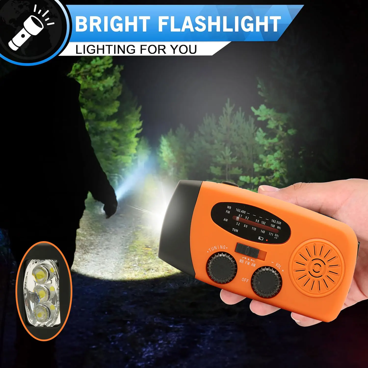 AM/FM Radio Solar Hand Crank Powered Camping Light With Outdoor 2000mAh USB Charging Multifunctional Hand Dynamo LED Flashlight