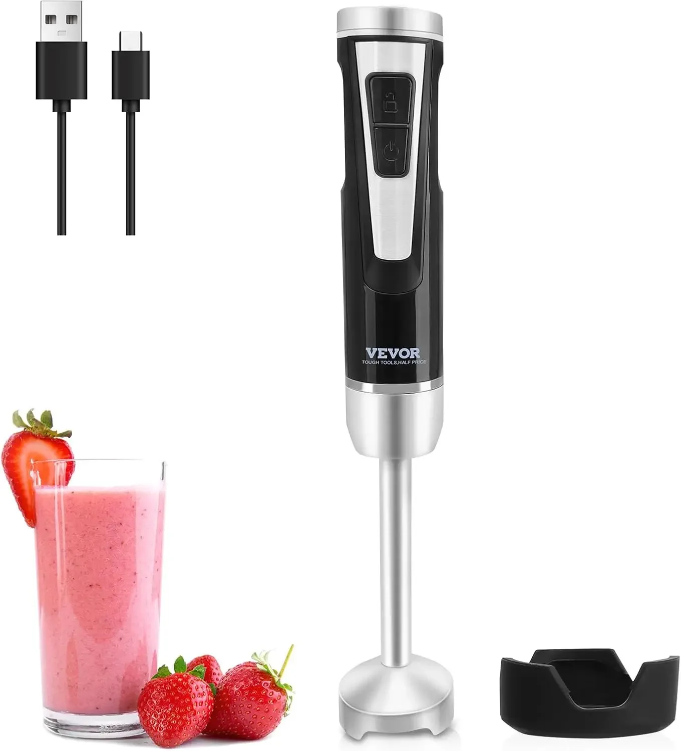 Hand Blender, 8 Variable Speeds Immersion Blender, Stainless Steel Handheld Blender Powerful Motor Hand Mixer, USB Charging