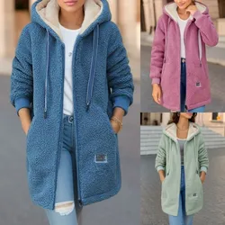 women's hickened Fleece-lined Medium-length hooded jacket winter new zipper cardigan coat Casual Korean Lamb Wool Jacket female