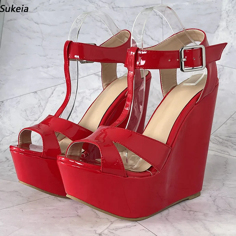 Sukeia Real Photos Женские блестящие босоножки на платформе с Т-образным ремешком Удобные туфли на танкетке и высоком каблуке с круглым носком Красные розовые туфли для вечеринок Размер США 5-20