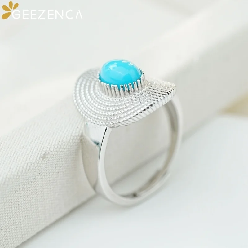 GEEZENCA 925 Sterling Silver Lapis Lazuli Turquoise Colored Stone Big Hat Statement Ring Women Wide Chunky Open Rings Party Gift