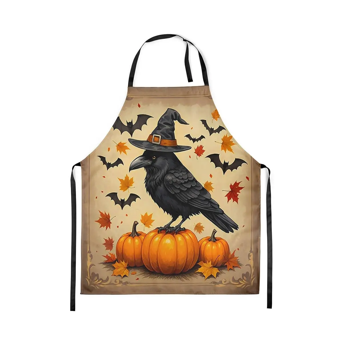 

Black Crow Kitchen Apron Happy Halloween Orange Pumpkin Decor Apron for Adults Autumn Maple Leaves Bird Waterproof Apron