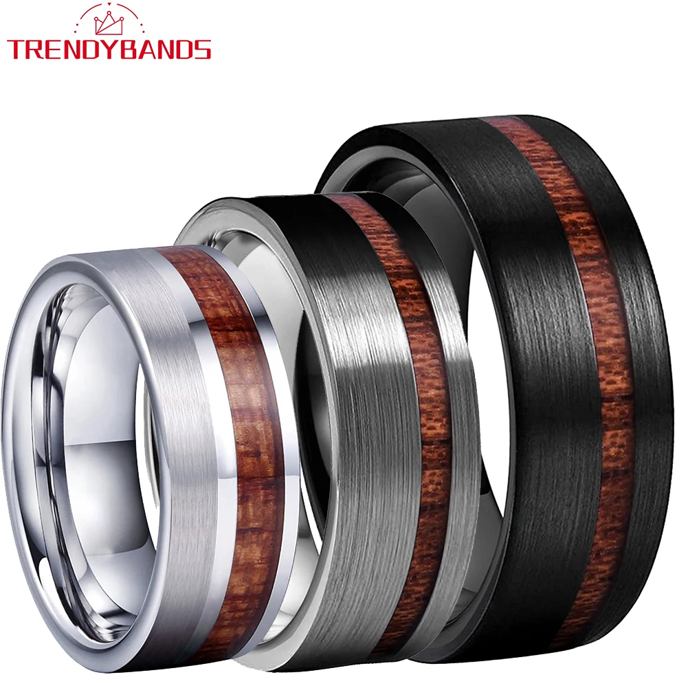 

Dropshipping 8mm Wood Inlay Rings for Men Women Wedding Band Tungsten Carbide Engagement Jewelry Flat Shape Brushed Finish