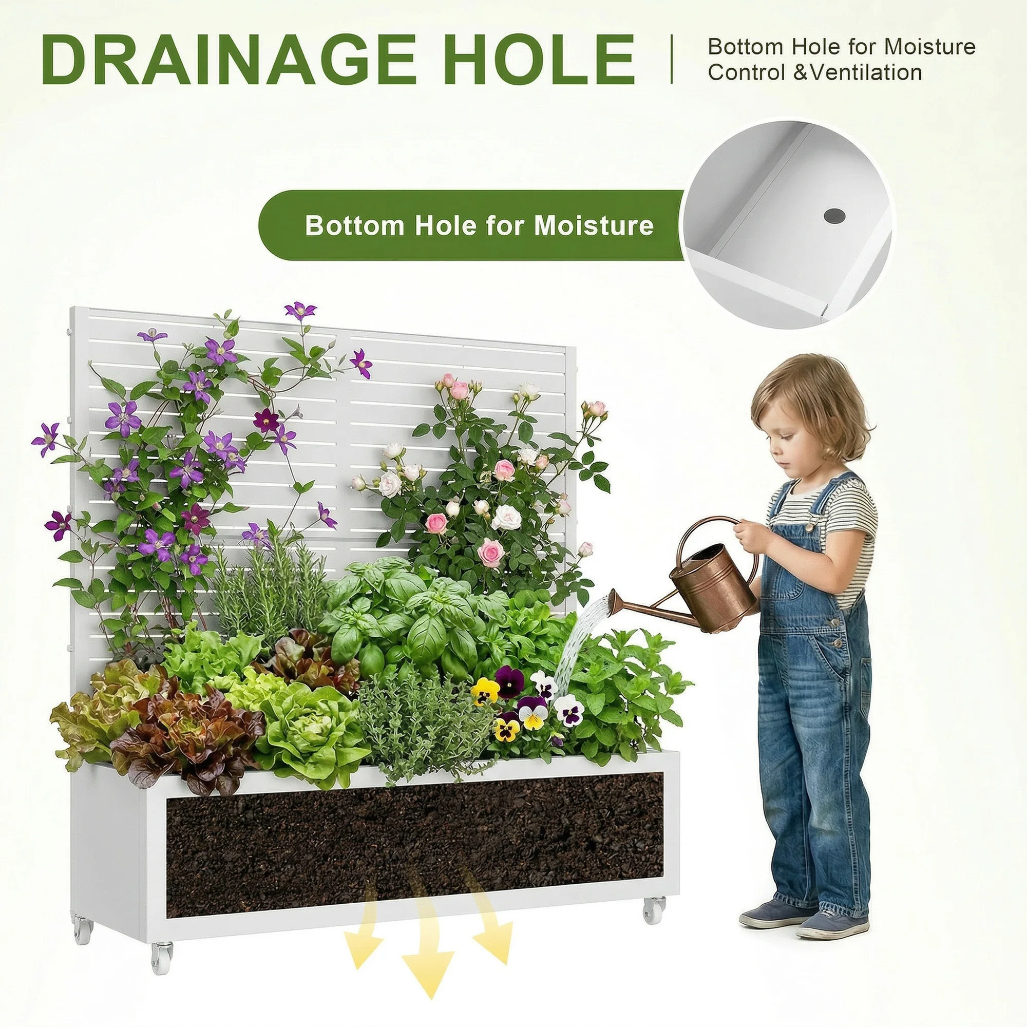 4 ft. H x 4 ft. W Metal Planter Box privacy screen Garden Bed with Trellis and Wheels - White view 5