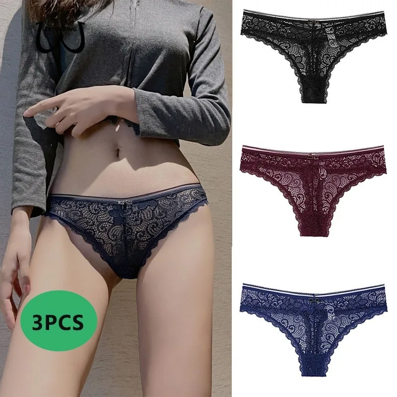 

ZXYOUPING 3pcs Sexy Lace Panties Women Hollow Transparent Thongs Low-waist Cute Bows G-string Breathable Underwear Plus Size Lin