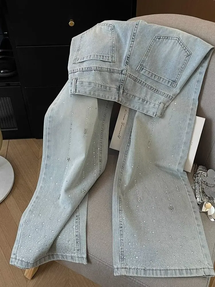 

High-end Rhinestone Jeans For Women Summer High Waisted Casual Straight Leg Pants Retro Shiny Commuting Wide Leg Trousers