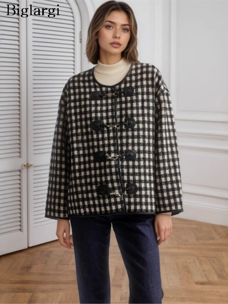 

Autumn Winter Coat Women Houndstooth Plaid Print Fashion Ladies Jackets Casual Loose Long Sleeve Woman Jackets Coats