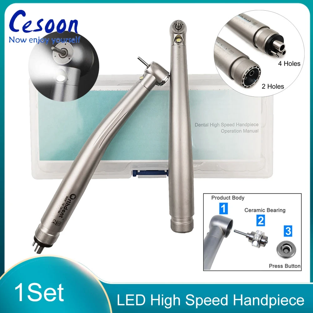 Dental LED High Speed Handpiece E-generator Standard Torque Head Push Button 3 Water Spray 2/4 Hole Ceramic Bearing Low Noise