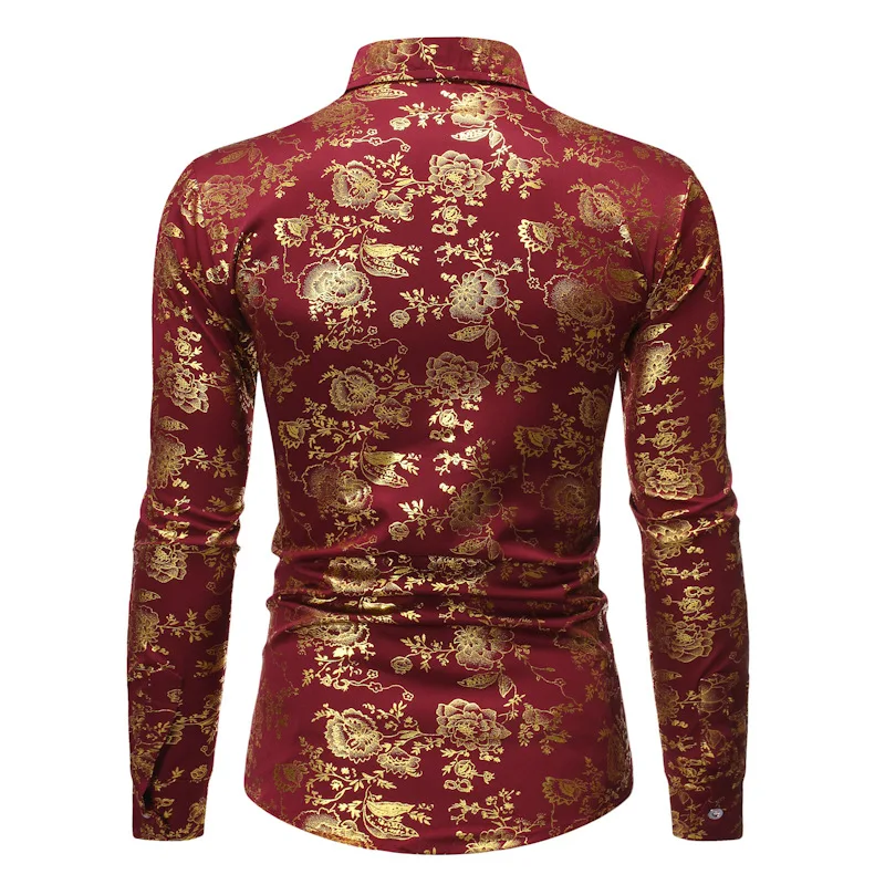 New Men Gold Stamp Printed Long Sleeve Shirt Black / White / Wine Red Fashion Male Business Social Casual Lapel Tops