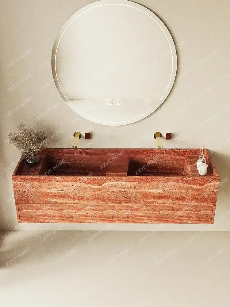 Double Sink Vanity Set Red Travertine, Dual Faucets, Narrow Frame Deep Basin & Child-Safe Edges - Premium Bathroom
