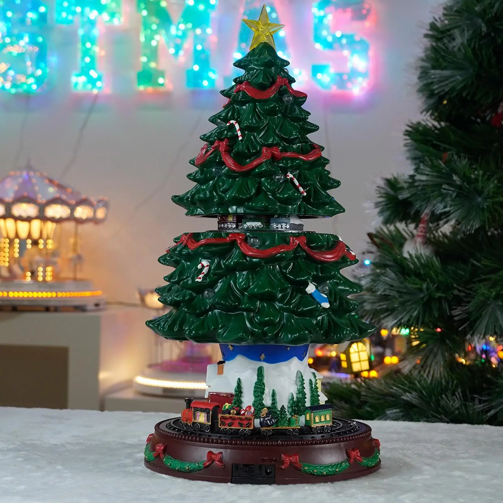 Christmas Tree Music Box Lighted Desktop Miniature Craft Decorative Sculpture for Room Winter Indoor Cabinet Window Display