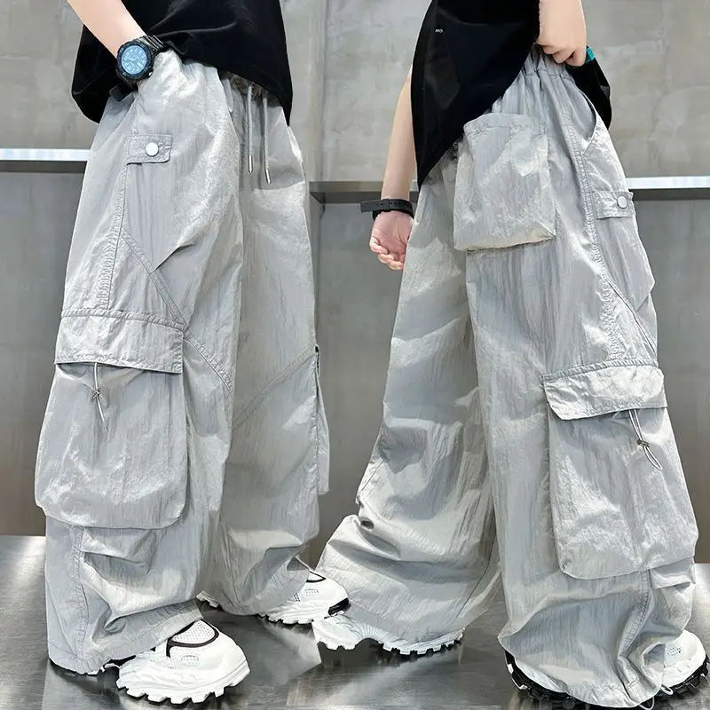 Boys Casual Cargo Pants Trendy Spring Summer Comfortable Loose Wide Leg Sports Trousers for Children's Fit age 4-14 Years