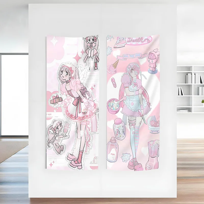 VIKAMA Pink Gothic Lolita Anime Vertical Tapestry Y2K Decora Kawaii Manga Poster Wall Art Portrait Hanging Bedroom Dorm Decor