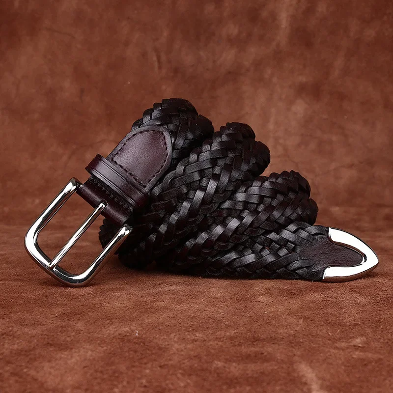 

3.5CM Wide Genuine Leather Braided Belt Men's First Layer Of Cowhide Hand-woven Belt Men's Pin Buckle Versatile Casual Belt