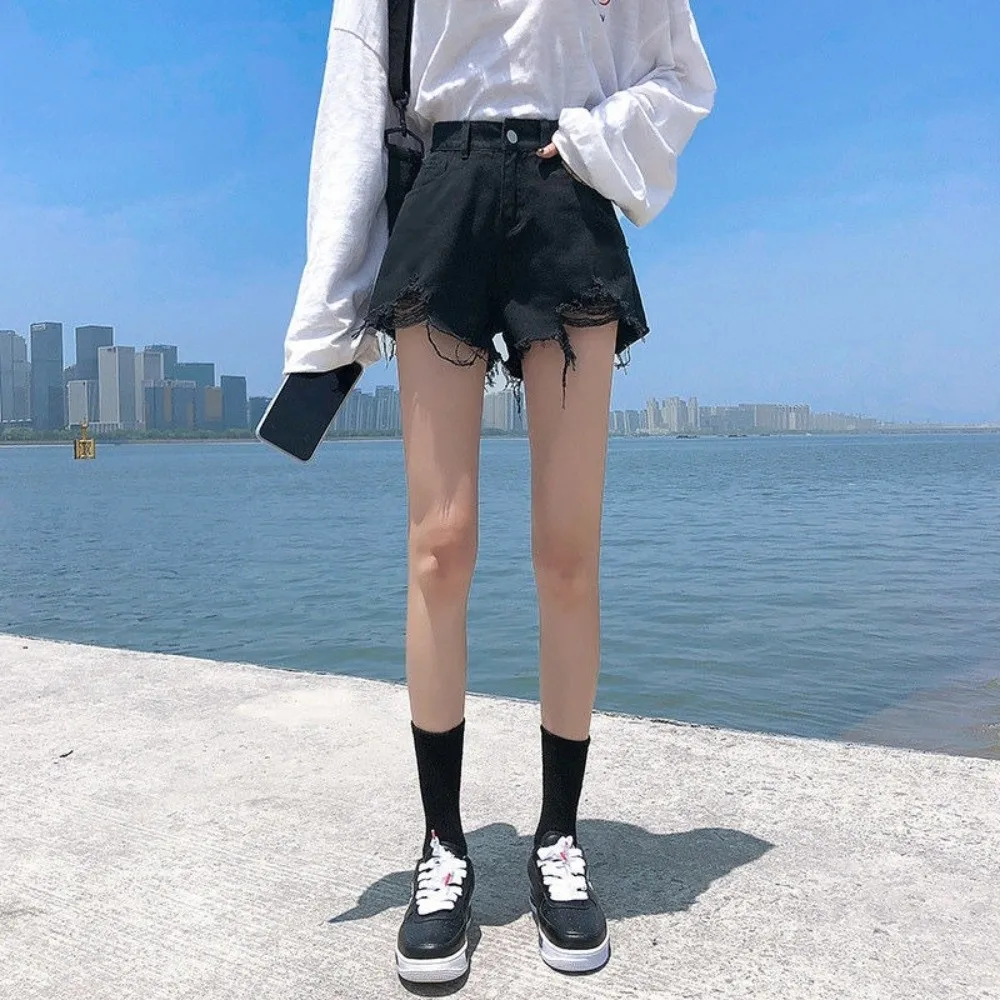 

Trendy Stretchy Jean Shorts for Women High Waisted Ripped Denim Shorts Frayed Raw Hem All-match Short Pants Summer Wear