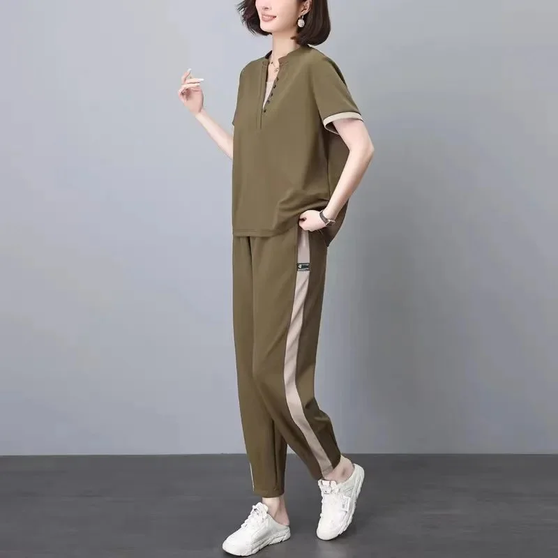 Fashionable Western Style Set for mom Loose Casual Two-Piece Set for Middle-Aged mom Age Reducing Casual Sports Set for Summer