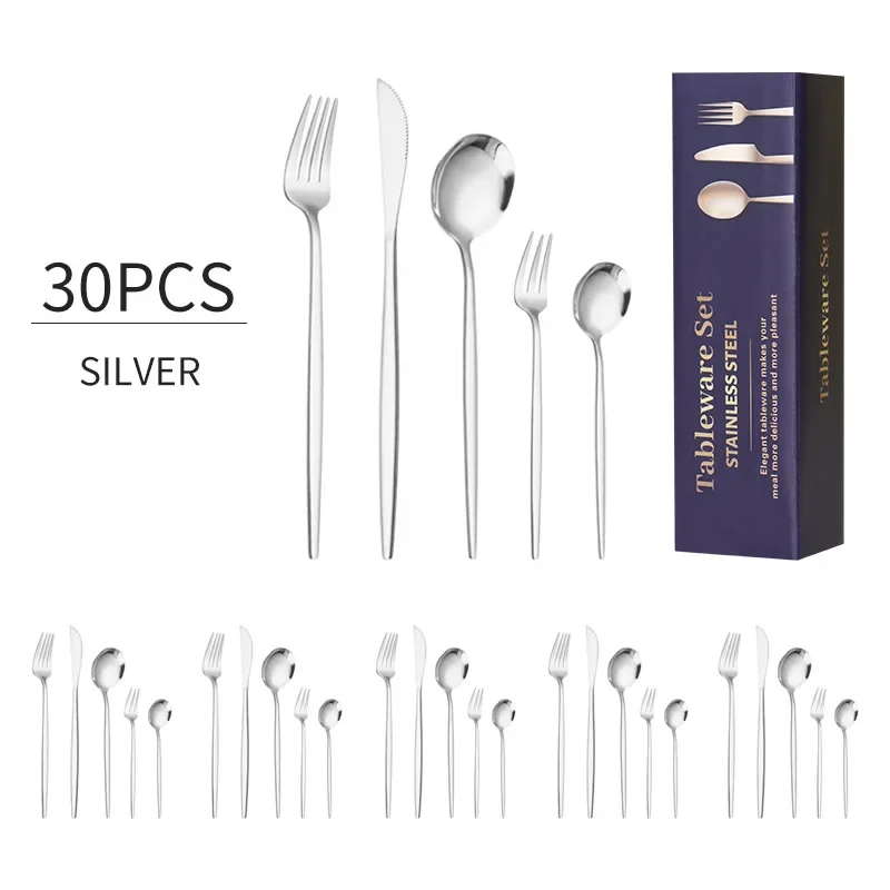 30-Piece Silver Portuguese Style Cutlery Set - Mirror Polished 410 Stainless Steel Dinnerware for 6 (Steak Knives Included)