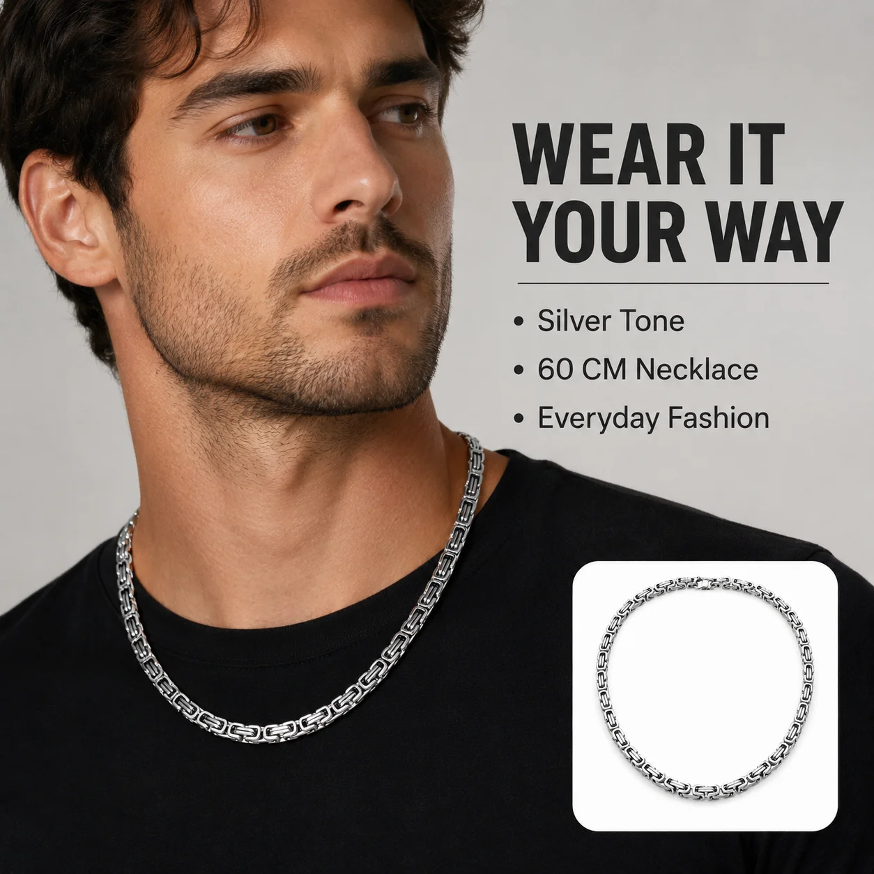 

Men Stainless Steel Byzantine Chain Necklace Silver Color 60cm Heavy Link Necklace Punk Hip Hop Fashion Jewelry Gift